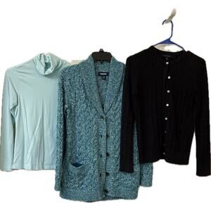 Lands’ End Petite XS Bundle – Turtleneck, Cable Cardigan & Teal Shawl Sweater